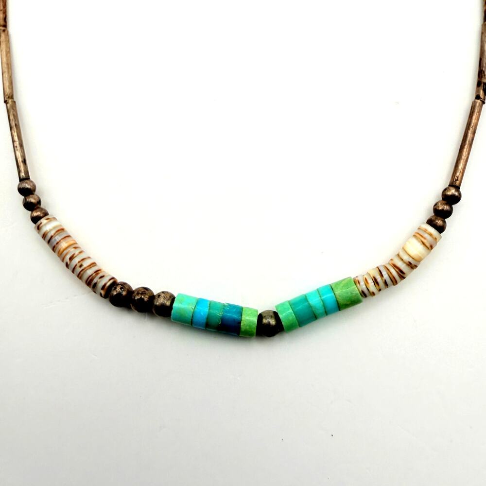 Vtg Dainty 925 Sterling Silver Liquid Bead Turquoise Southwest Choker 14.5"